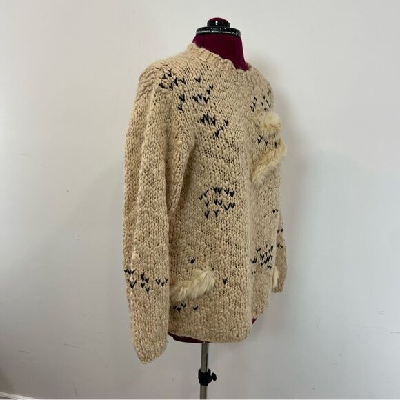 Vintage Brown Wool Chunky Knit Sweater with Rabbit Fur Patch Retro Style M/L - Picture 2 of 8